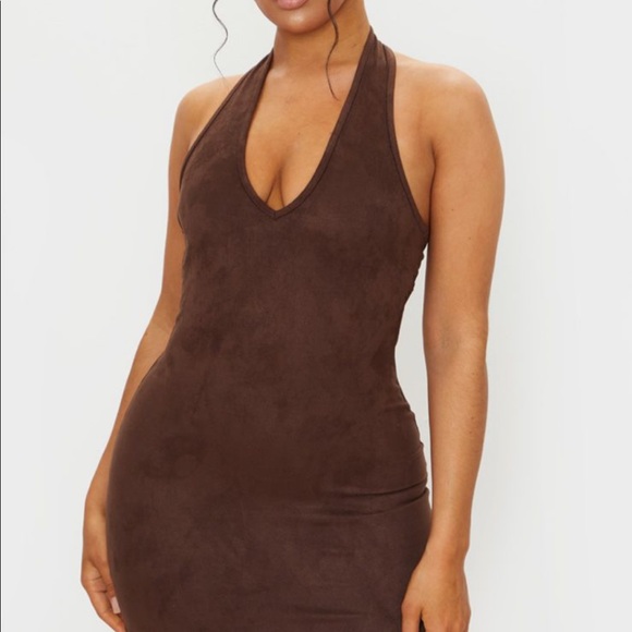 Brown Faux Suede Halterneck Bodycon Dress - Picture 2 of 2